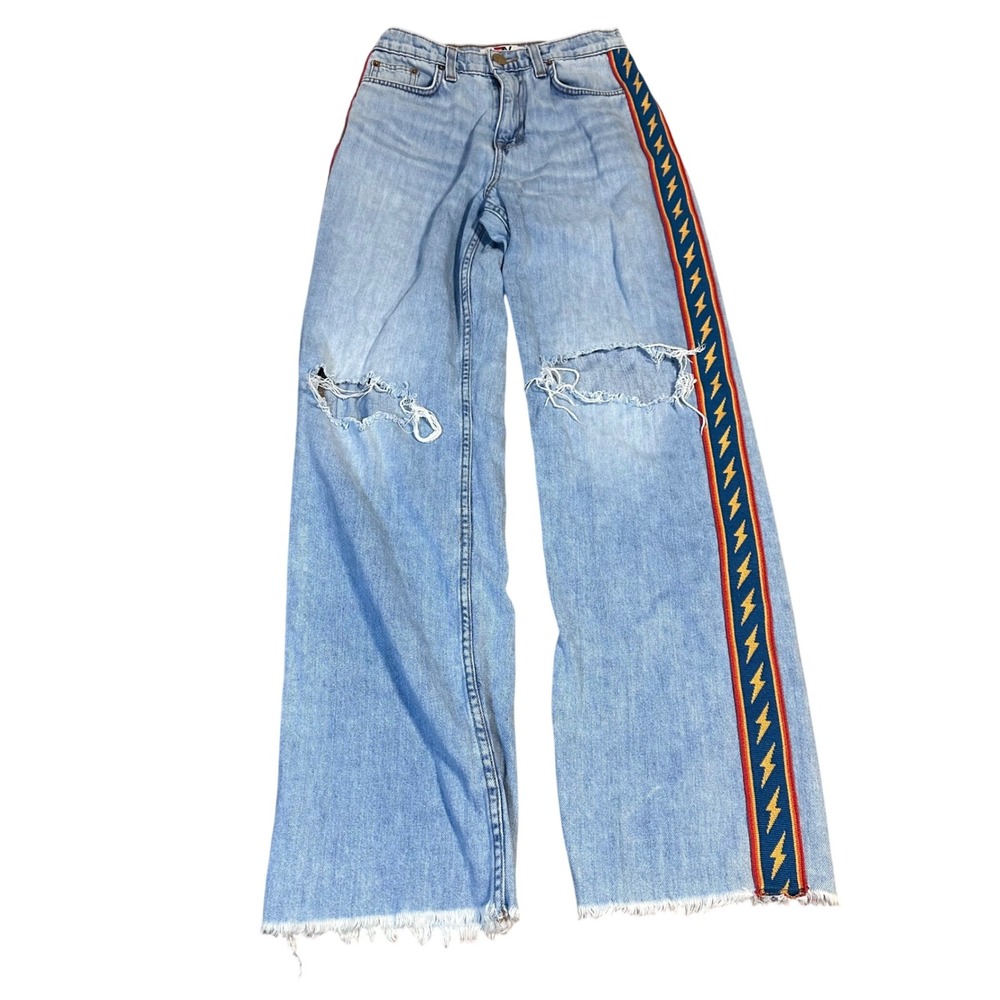 Aviator Nation Light Wash Wide Leg Distressed Lightning Bolt Side Stripe Jeans